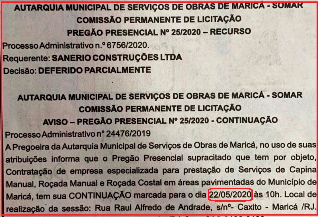 Em plena pandemia Prefeitura de Maricá marca pregão presencial: isolamento pelos riscos do coronavírus pode reduzir competitividade