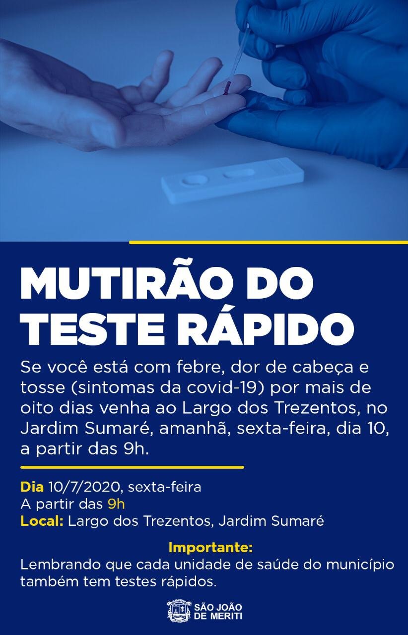 Coronavírus: Sexta é dia de mutirão de testes em São João de Meriti