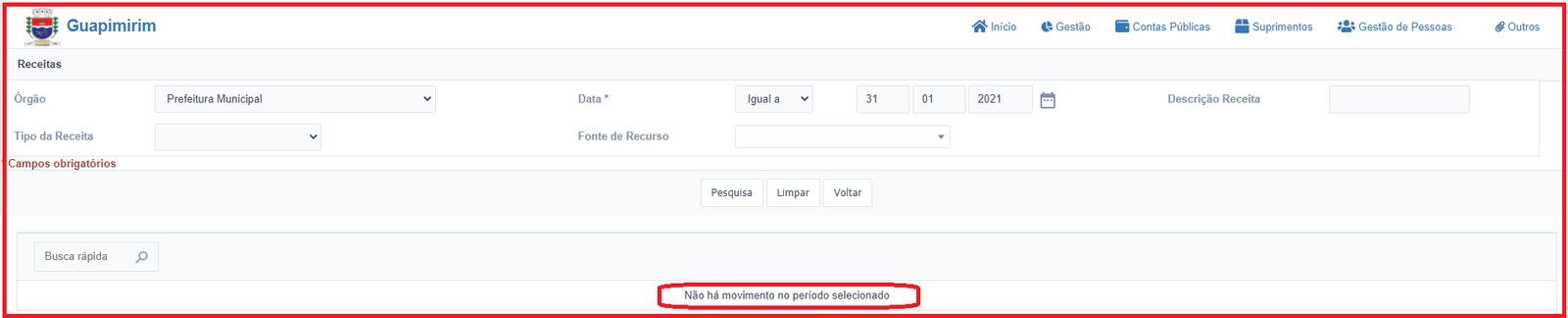 Guapimirim: Prefeitura não mostra os valores arrecadados pelo município, que recebeu repasses de R$ 10,9 milhões em janeiro