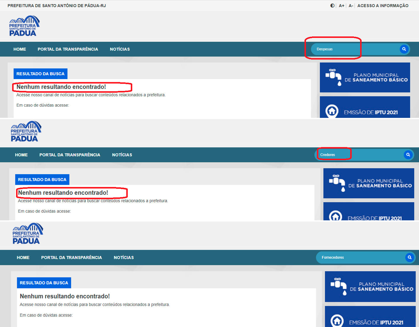 Prefeitura de Santo Antônio de Pádua continua escondendo suas contas: Não informa nada sobre receita e despesas