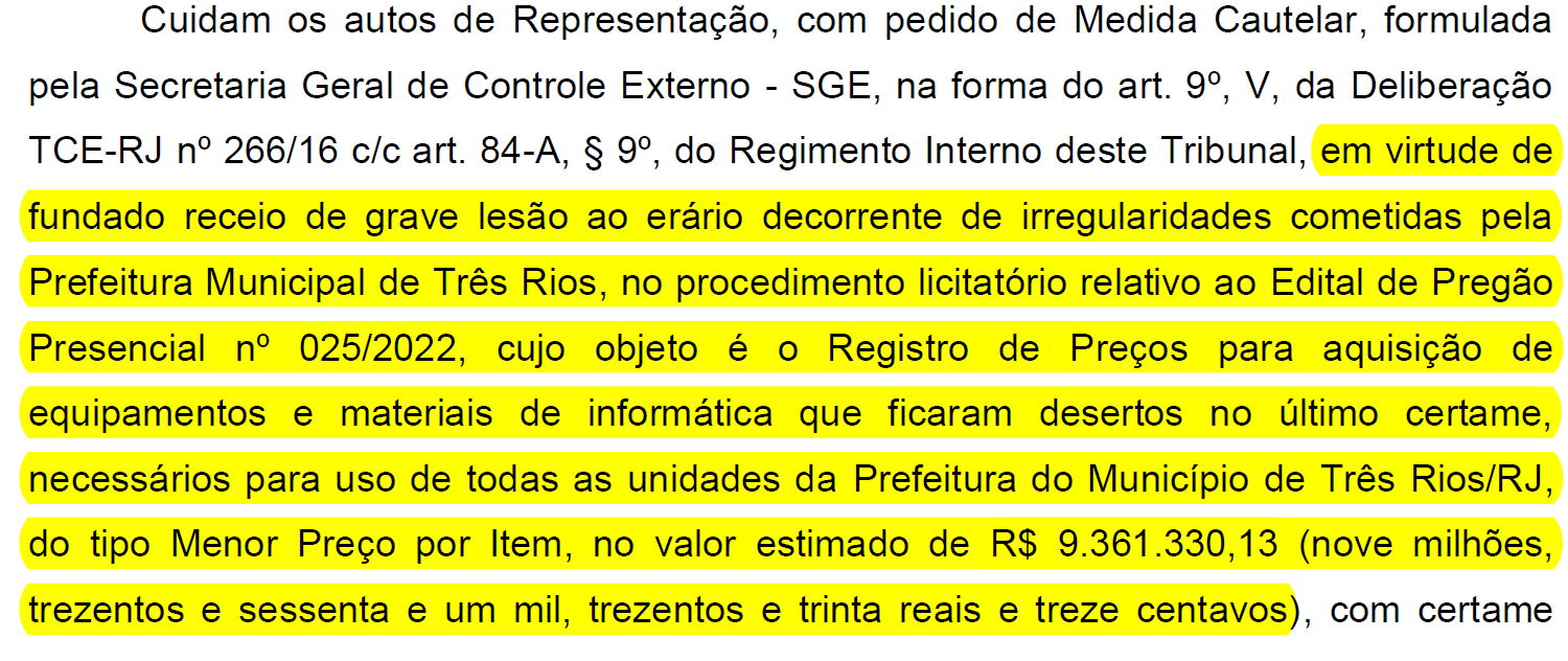 Tribunal de Contas aponta sobrepreço de quase R$ 5 milhões em licitação da Prefeitura de Três Rios