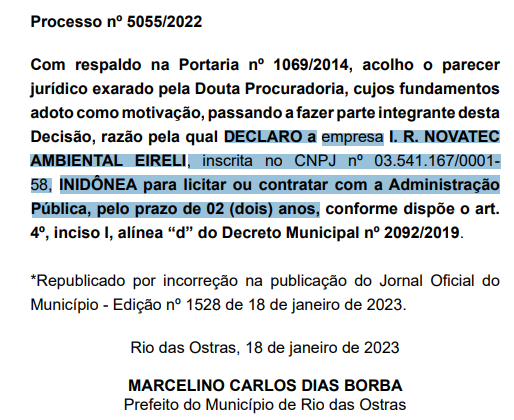 Prefeitura de Rio das Ostras mantém empresa declarada inidônea pelo TCE faturando alto e pune concorrente que acionou o órgão fiscalizador
