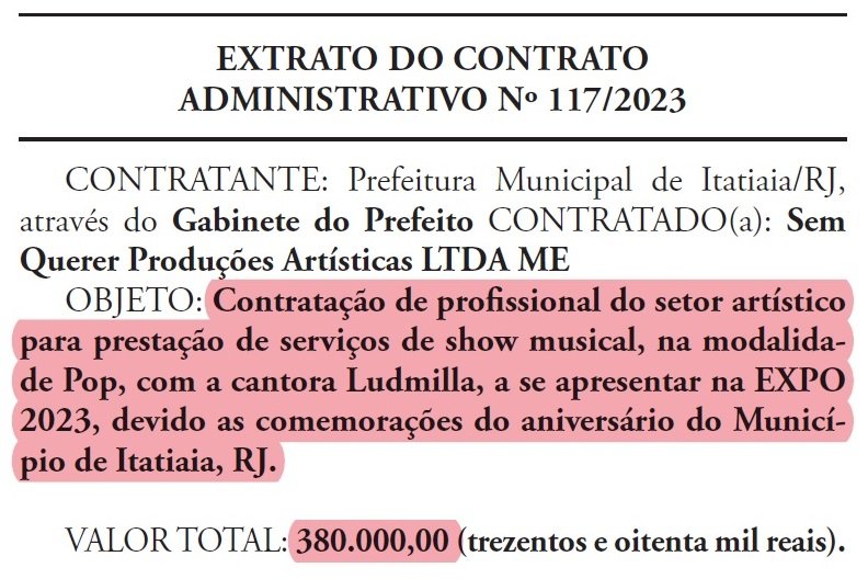 Prefeitura de Itatiaia vai pagar mais caro por show de Ludmilla
