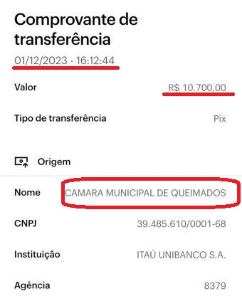 Câmara de Queimados pagou abono antes mesmo da publicação no diário oficial, mostra comprovante de transferência